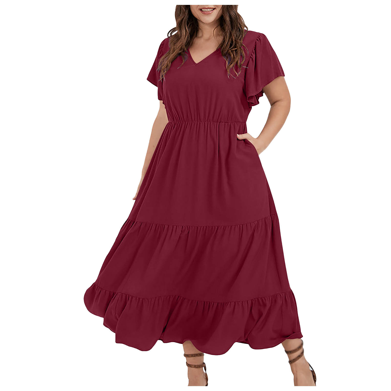 thumbnail image 5 of Vestido informal de talla grande para mujer con cuello en V, color liso, mangas con volantes y pliegues - Poliéster, moda de verano, 5 of 5